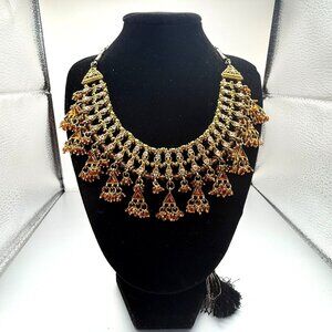Vintage Indian Bollywood Style Gold Tone Crystal Bib Necklace With Amber Beads –